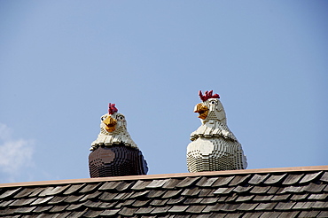 Two chickens made of Lego, theme park Legoland, Guenzburg, Germany