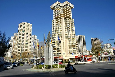 Sculpture and flags at the European square, Benidorm, Costa Blanca, Spain