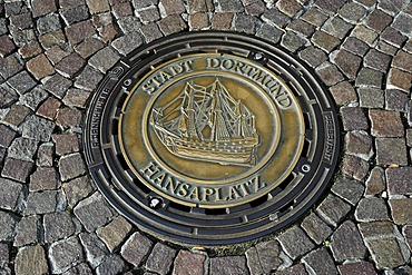 Drain cover with city coats of arms, Dortmund, North Rhine-Westphalia, Germany