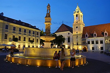 Main square, Hlavne namestie with Old Town Hall and Roland Fountain, Bratislava, Slovakia