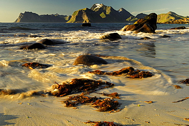 Rising tide, midnight sun, Flakstadoy, Lofoten, Norway, Scandinavia