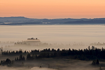 Landscape enshrouded in mist, Bavarian pre-Alps, Upper Bavaria, Bavaria, Germany, Europe