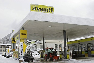 Avanti petrol station in winter with a small snow plough on the Semmering pass Lower Austria