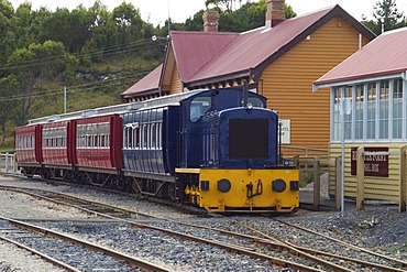 Train at the station during ride on Abt railway from Strahan to Queenstown Tasmania Australia