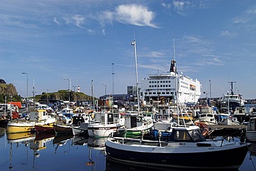 The harbour of the capital of Thorshavn with the ferry of the Smyril line Faeroe Islands