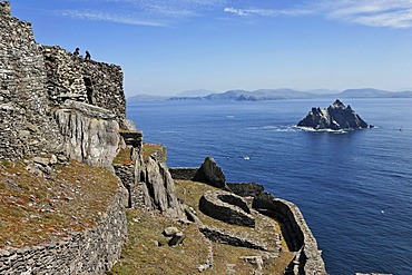 View to the bird island Little Skellig from the the monk settlement which was founded 588 and was abandoned about 1100, Skellig Michael, Ireland