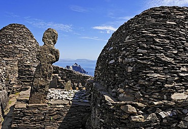 The stone houses which are built without cement and the graveyard the monk settlement which was founded 588 and was abandoned about 1100, Skellig Michael, Ireland