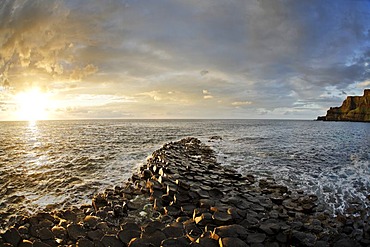 Sunset at the basalt columns of the GiantÂ¥s Causeway, Londonderry, North Ireland