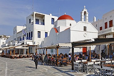 Taverns and a church at the harbour, Myconos, Greece