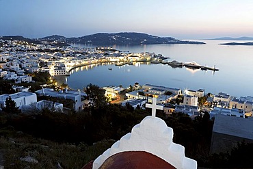 View of the old harbour and the old town of Myconos, Greece