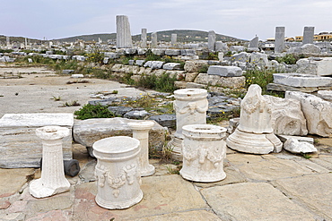 Parts of columns decorated with heads of bulls on square called Agora of Competaliasts, Delos, Greece