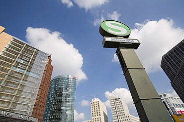 Potsdamer Platz left to right: Quartier DaimlerChrysler, Kollhoff-Tower, Bahn-Tower, Beisheim-Center, S-Bahn sign, Berlin, Germany, Europe