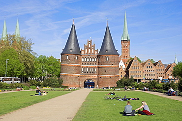 Holstentor Gate and St.Petri-Kirche Church, Luebeck, Schleswig-Holstein, Germany, Europe