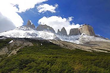 Cuernos del Paine in the clouds seen from Valle del Frances, Torres del Paine National Park, Patagonia, Chile (Torres del Peine)