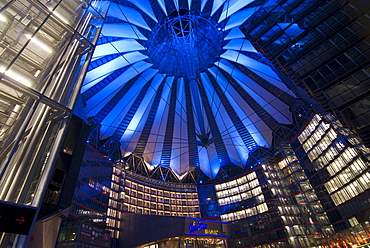 Illuminated blue roof structure, Sony Centre, Potsdamer Platz, Potsdamer Square by night, Berlin, Germany