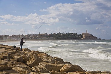 Fisherman fishing on the Tel Aviv shoreline, view toward Jaffa, Israel, Middle East