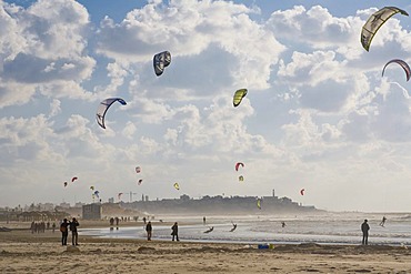 Kite surfers and beach scene along the Tel Aviv beach, Israel, Middle East