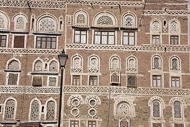 Houses made of brick clay, facades, ornaments, historic centre of SanÃ«aÃ­, Unesco World Heritage Site, Yemen, Middle East