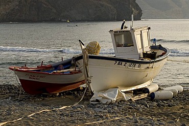 Boats in soft morning light in the harbor of Las Negras, Andalusia, Spain, Europe