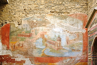 Fresco in the garden of the Fontana Picola House, Harbour of Pompei (Pompeii), Campania, Italy