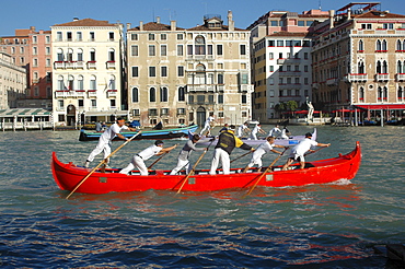 Departing for a gondola race, Venice, Veneto, Italy, Europe