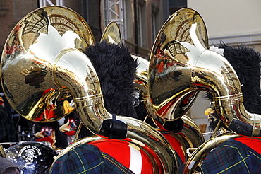 Schotte-Clique Basel Band, procession of Gugge musicians, 25th annual international meeting for Gugge music in Schwaebisch Gmuend, Baden-Wuerttemberg, Germany, Europe