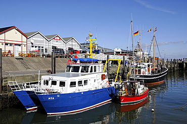 Fishing boats tied up at List harbour on the North Frisian island of Sylt, Schleswig-Holstein, Germany