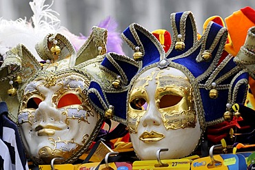 Masks for sale at a booth, Piazza San Marco Square, Venice, Veneto, Italy, Europe