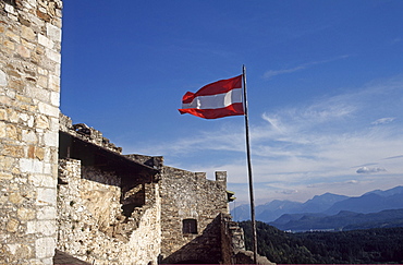 Austrian flag on Mt. Landskron, Carinthia, Austria, Europe