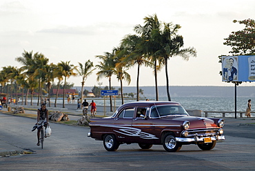 Vintage car driving, Malecon, Cienfuegos, Cuba, Americas