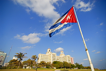 Cuban flag in front of Hotel Nacional, Havana, Cuba, Caribbean, Americas