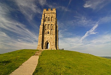 Glastonbury Tor at sunset, Ley lines, Legend of King Arthur, National Trust, Glastonbury, Mendip, Somerset, England, Great Britain, Europe