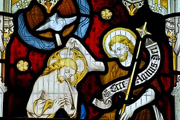 Jesus and an apostle in a church window, St. Andrew's Cathedral, Gothic cathedral, Wells, Mendip, Somerset, England, Great Britain, Europe