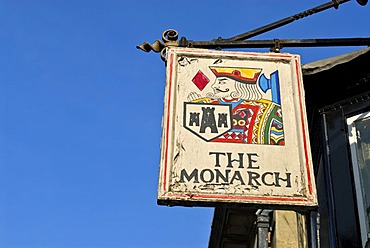 Sign with a coat-of-arms, The Monarch, Ley lines, Legend of King Arthur, Glastonbury, Mendip, Somerset, England, Great Britain, Europe