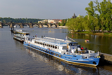 Pleasure boat at the bank of the Vltava river, UNESCO World Heritage Site, Prague, Czech Republic, Czechia, Europe