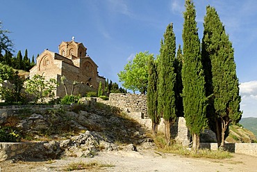 Byzantine church of Sveti Jovan, St John, from Kaneo on Lake Ohrid, UNESCO World Heritage Site, Macedonia, FYROM, Former Yugoslav Republic of Macedonia, Europe