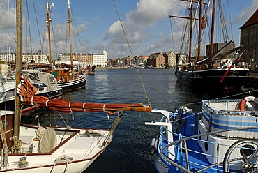 Boats in the docks of Groenlanske Handels Plads, Copenhagen, Denmark, Scandinavia, Europe