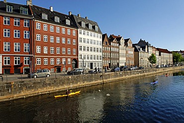 Historic houses on the Nybrogade and Gammle Strand with sea kayak, Copenhagen, Denmark, Scandinavia, Europe