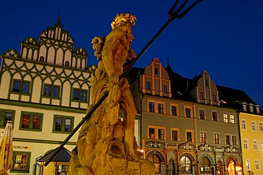 UNESCO World Heritage Site Figure of Fountain Neptun Marketplace at Night Weimar, Thuringia, Germany