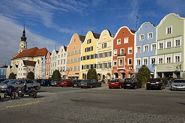 Mainsquare with coloured houses in Schaerding, Upper austria, Austria