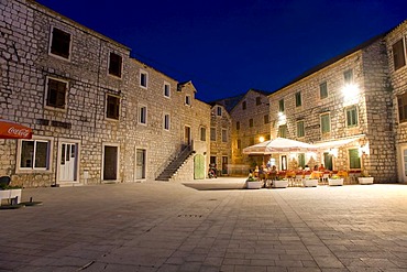 House facades and cafes, Stari Grad, Island Hvar, Dalmatia, Croatia