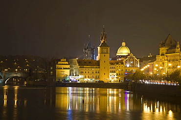 Night shot Vltava waterside with Charles Bridge Prague Czechia