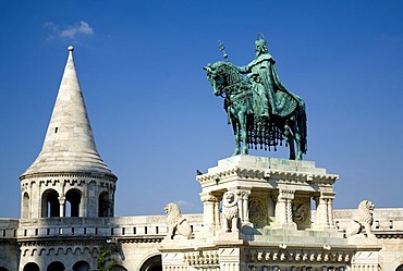 Fishermans Bastion with the equestrian Memorial of Saint Stephen King of Ungary, Budapest, Hungary, Southeast Europe, Europe,