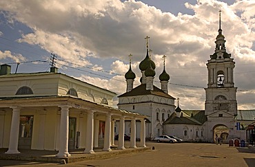 Historic shopping arcades with Church of Our Saviour and bell tower, Kostroma, Russia