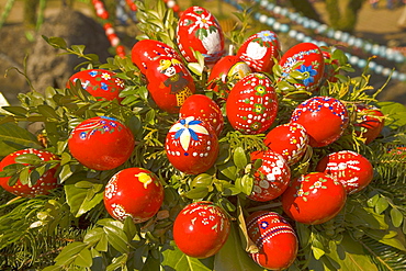 Painted Easter eggs on Easter fountain, Bieberach, Franconian Switzerland, Bavaria, Germany, Europe