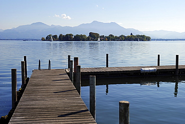 Fraueninsel and footbridge at the Chiemsee, Chiemgau, Upper Bavria, Bavaria, Germany