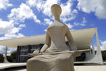 Sculpture of Lady Justice in front of BrazilÃƒâ€ÃƒÂ¦Ã‚Â¥s supreme court, Brasilia, Brazil. Architect: Oscar Niemeyer