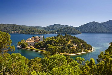 Benedictine Monastery on St. Mary Island in Veliko Jezero, Large Lake, in Mljet National Park, Mljet Island, Dubrovnik-Neretva, Dalmatia, Croatia, Europe