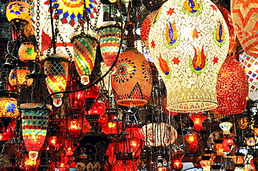 Bright colourful glass lamps sold at the Grand Bazaar in Istanbul, Turkey