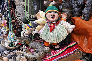 Puppet of a man with cash notes, lucky charm at the stall of a witch, La Paz, Bolivia, South America